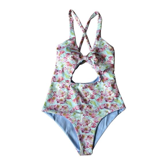 LINC One Piece Swimsuit size M Floral Cut Out Blue Pink - Picture 1 of 5